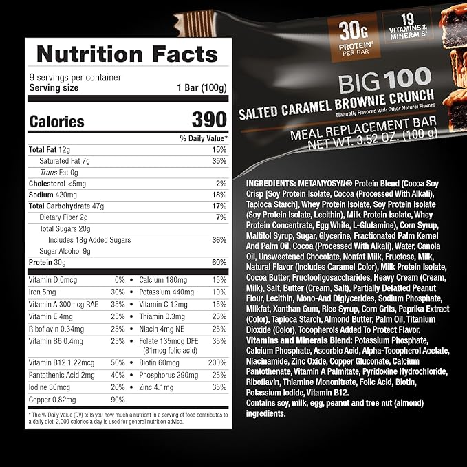 MET-Rx Big 100 Protein Bar, Meal Replacement Bar, 30G Protein, Salted Caramel Brownie Crunch, 9 Count, 3.52 Oz.(Packaging may vary)