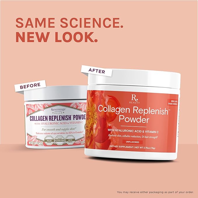 Reserveage Nutrition Collagen Replenish Powder with Hyaluronic Acid & Vitamin C - No-Taste Collagen for Radiant Skin Care, Hair Growth & Cellulite Reduction - Mixes Easily - 2.75 oz