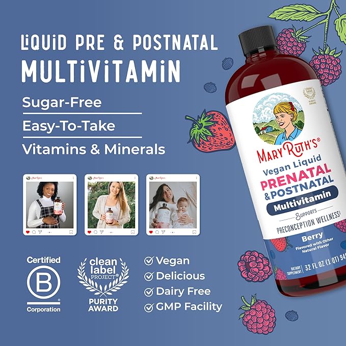 MaryRuth Organics Postnatal & Prenatal Vitamins for Women | Sugar Free | Womens Multivitamin for Pre-Conception, Pregnancy & Nursing | Ginger | Selenium | Folate | Vegan | Non-GMO | Gluten Free | 32oz
