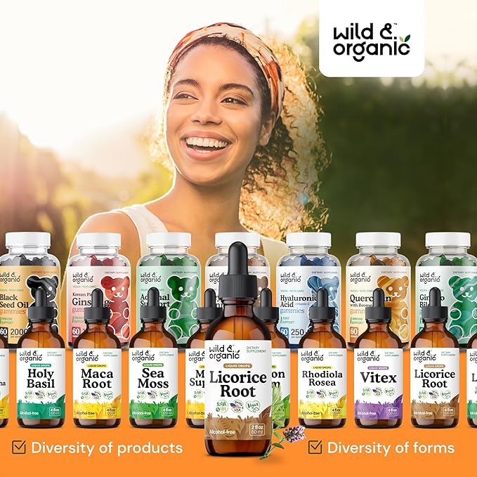 Wild & Organic Licorice Tincture - Digestive Support - Pure Licorice Root Extract Drops - Glycyrrhiza Glabra - Vegan, Sugar & Alcohol-Free Supplement - 2 fl oz
