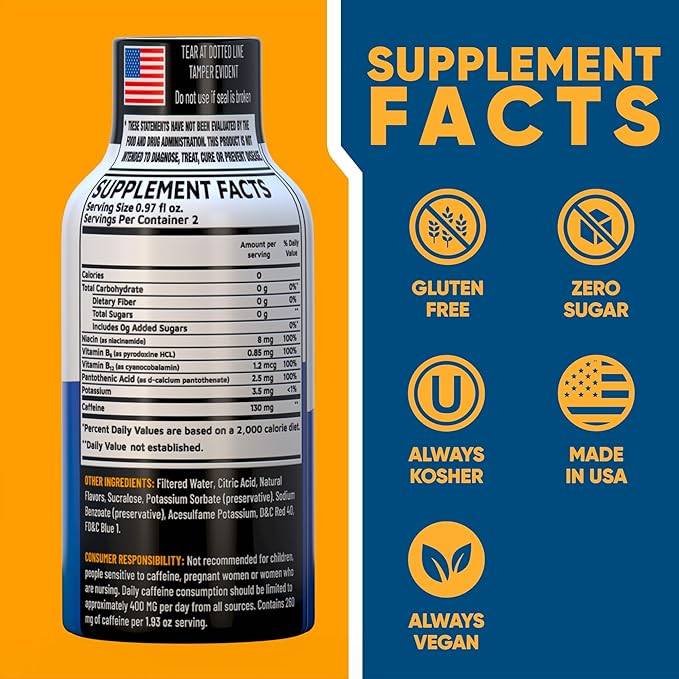 Energy Shot – 2 Servings – 100% DV B-Vitamins & 130mg Plant-Based Caffeine – Zero Calories, Sugar-Free, Vegan, Non-GMO – Energy & Productivity Support (1.93 Fl Oz (Pack of 12), Blue Raspberry)