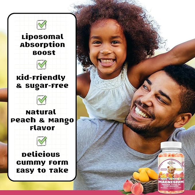 Liposomal Kids Magnesium Gummies- Magnesium Glycinate Gummies for Kids Supplement-w/Omega-3, Vitamin B6, D3- Support Calm Stress Relief, Bones, Mood, Peach & Mango Flavor, 60 Count