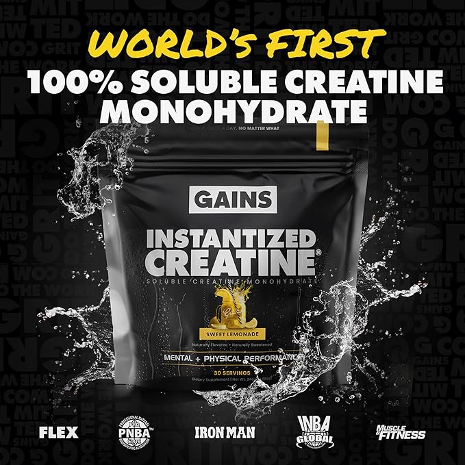 Gains in Bulk Instantized Creatine Monohydrate for Women and Men, Soluble Pre Workout Powder, Supports Muscle Building, Strength and Performance, Bodybuilding Supplements, Sweet Lemonade, 30 Servings