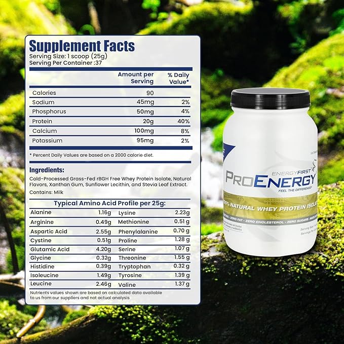 EnergyFirst Vanilla Whey Protein Isolate - Grass Pasture Fed, Zero Lactose, Gluten-Free, All-Natural, Sugar-Free Shake for Keto & Recovery, 2lb
