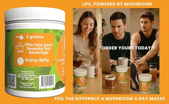 Hongo Mushroom Power - Perfect 10 Mushroom Complex Powder - Lions Mane, Reishi, Cordyceps, Chaga, Turkey Tail, Maitake Supplements - for Immunity, Energy, Memory & Focus - (8 Ounce Jar)
