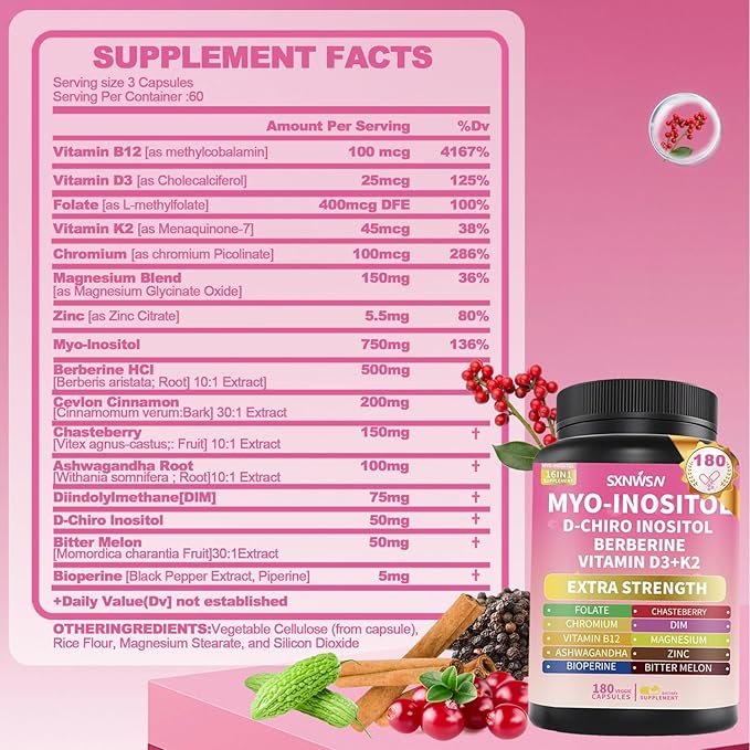 Myo-Inositol & D-Chiro Inositol Supplement with Berberine Ashwagandha - Healthy Hormone Balance & Healthy Ovarian Support for Female Health & Wellness