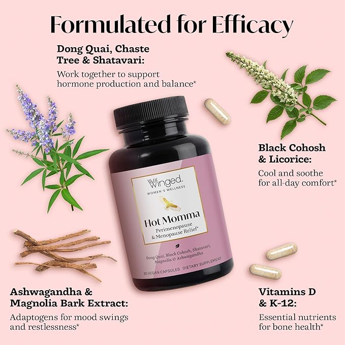 Winged Wellness Hot Momma Menopause Supplements for Women - Hormone-Free Menopause Relief Support for Hot Flashes & Night Sweats with Chaste Tree Berry, Multivitamins & More - 60 Vegan Capsules