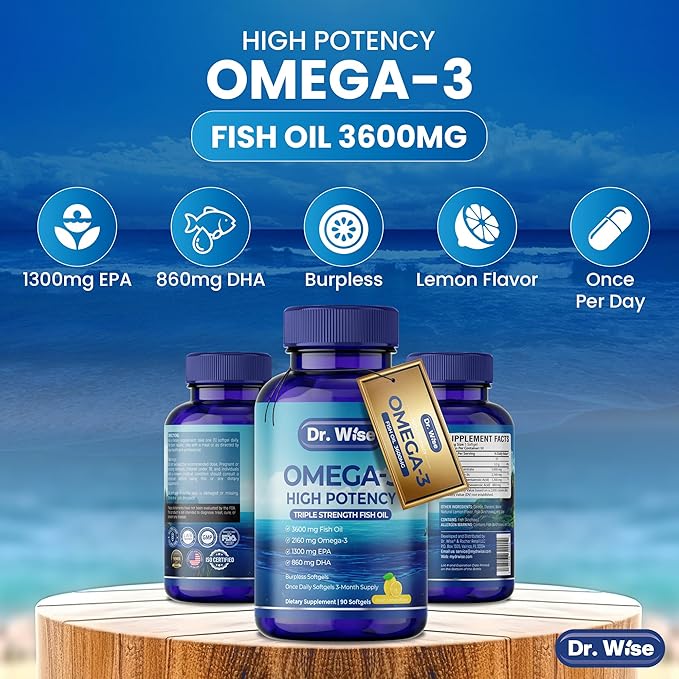 Triple Strength Omega 3 Fish Oil 3600mg β 1300mg EPA & 860mg DHA- Once Daily β Burpless Lemon Flavor, β Supports Heart, Brain, Joint & Eye Health β Wild Caught, Non-GMO, 90 Softgels, 3-Month Supply