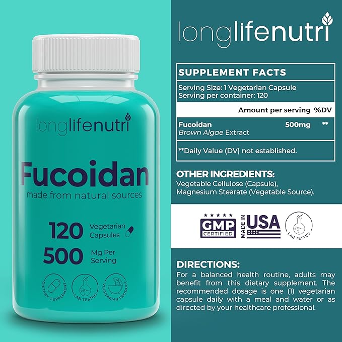 Fucoidan 500mg – Brown Seaweed Extract Supplement from a Natural Source of Fucoidan & Fucoxanthin | 120 Vegetarian Capsules for Energy & Wellness | Made in USA, GMP Certified