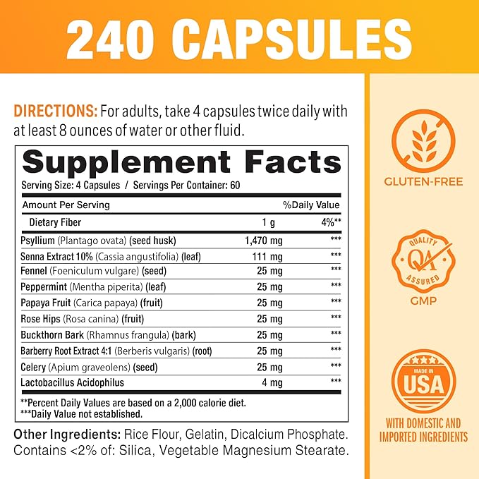 Vitamin World Colon Cleanse - 240 Capsules, Gut Detox with Psyllium Husk, Senna, Probiotics, Dietary Fiber & Herbal Blend – Supports Constipation Relief, Digestive Health & Regularity, Gluten-Free