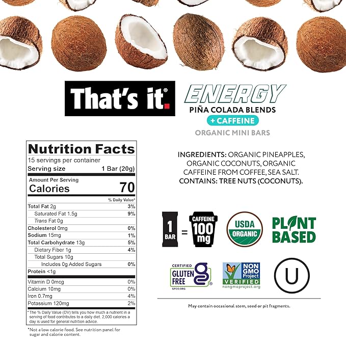 That’s it. Fruit Blends Energy Mini Bars | 100mg Natural Caffeine | 18-Count Variety Pack| 5 each of Tropical Passion, Mango Lime, Piña Colada