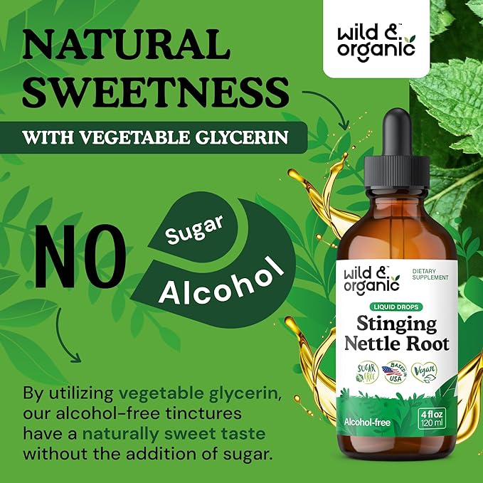 Wild & Organic Stinging Nettle Tincture - Stinging Nettle Root Extract Drops for Men & Women - Liquid Urtica Dioica Supplement - Vegan, Sugar & Alcohol-Free - 4 fl oz