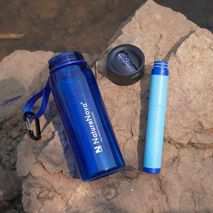 Water Filter Bottle with 4-Stage Integrated Filter Straw BPA Free for Camping, Hiking, Backpacking, Emergency and Travel, Black 650ml