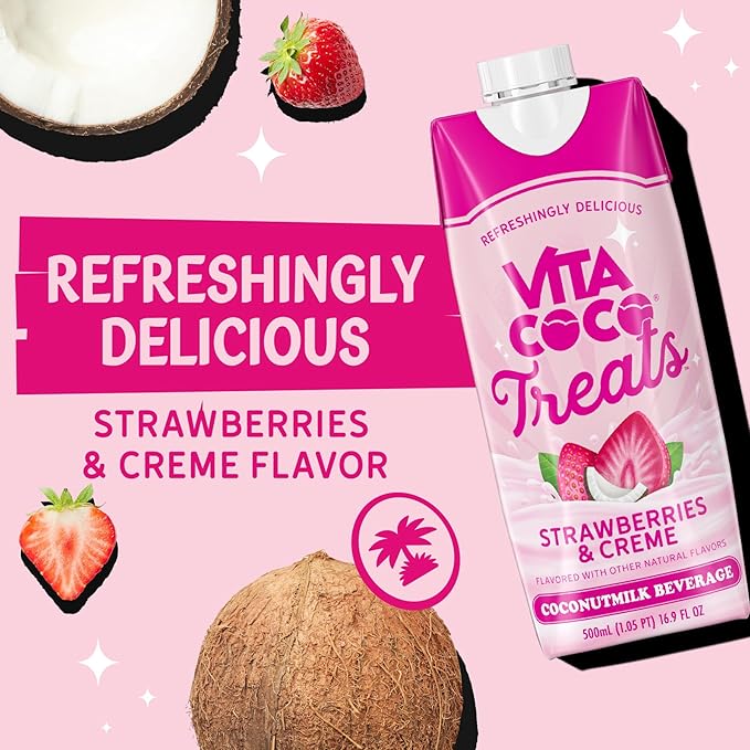 Vita Coco Treats Strawberries & Creme Coconut Milk Drink | Sweet, Refreshing, Treat | Cremey Pink Drink Alternative | 16.9 fl oz (Pack of 12)