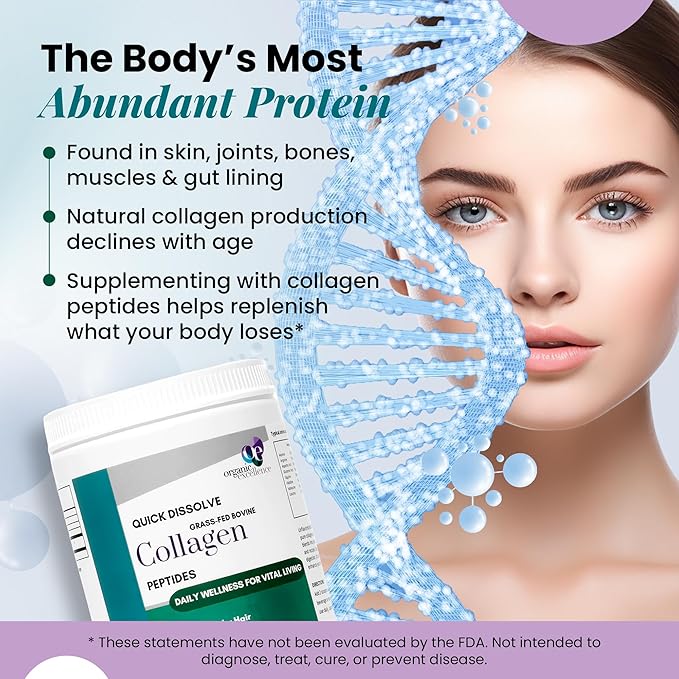 Organic Excellence Collagen Peptides, Grass-Fed Bovine Unflavored Collagen Powder Type I & III Hydrolyzed Collagen, Support Skin, Joints, Gut, Hair, Nails, Non-GMO, 12g Protein/Serving, 16 oz (453g)