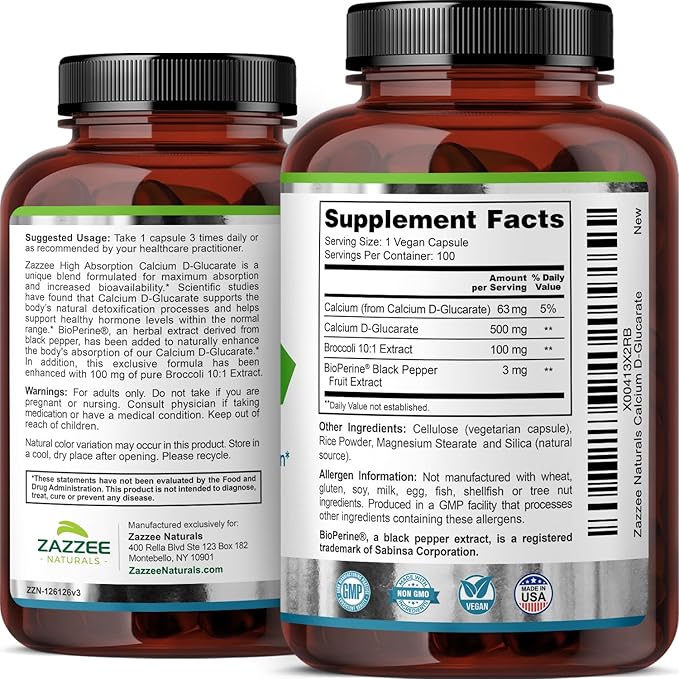 Zazzee High Absorption Calcium D-Glucarate, 500 mg per Capsule, 3 mg BioPerine for Enhanced Absorption, 100 Vegan Capsules, Plus Broccoli 10:1 Extract, 100% Vegetarian, CDG, All-Natural and Non-GMO