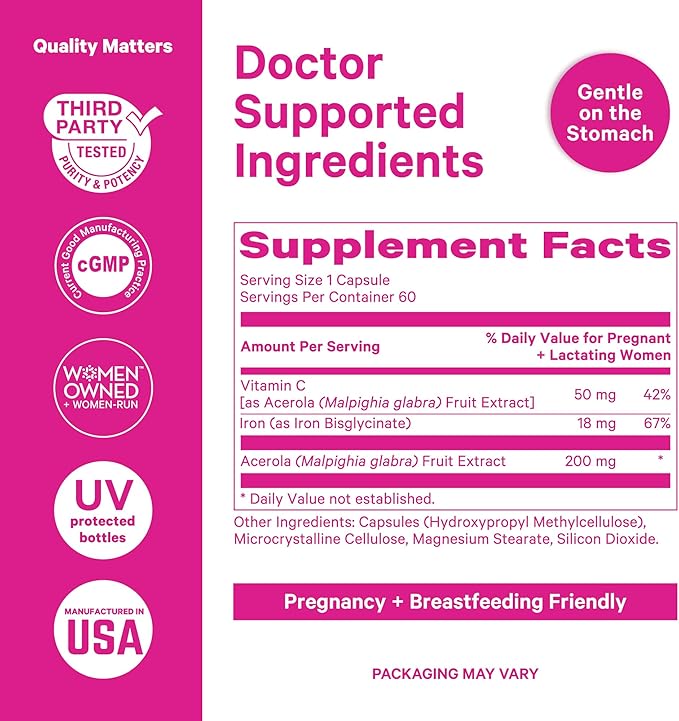 Pink Stork Prenatal Iron Supplement for Women - 18 mg Non-Constipating Iron & Vitamin C for Pregnancy, Postpartum, & Breastfeeding - Focus, Fatigue, & Blood Cell Production - 2 Month Supply
