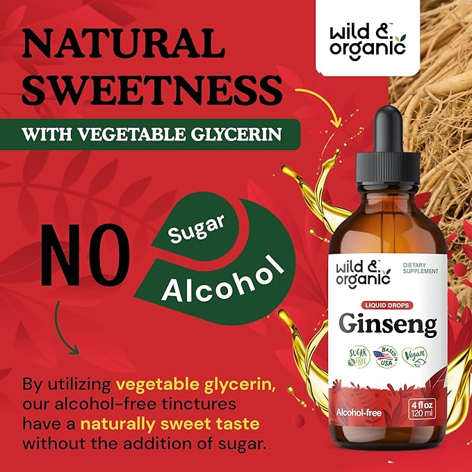 Wild & Organic Korean Panax Ginseng Extract Liquid - Red Ginseng Root Supplement for Overall Well-Being - Immune Support Drops - Vegan, Sugar & Alcohol-Free Tincture - 4 fl oz