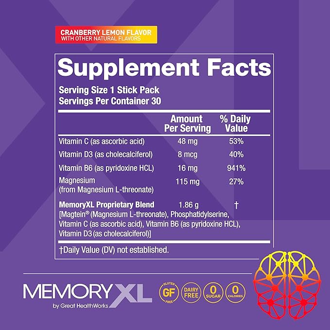 MemoryXL, Magnesium L-Threonate: Brain Supplement for Memory & Focus; Magtein®, Phosphatidylserine, Vitamin Mix. Improves Memory Focus Attention Learning & Logic. 0 Sugar, 0 Cal, 30pk Cranberry Lemon