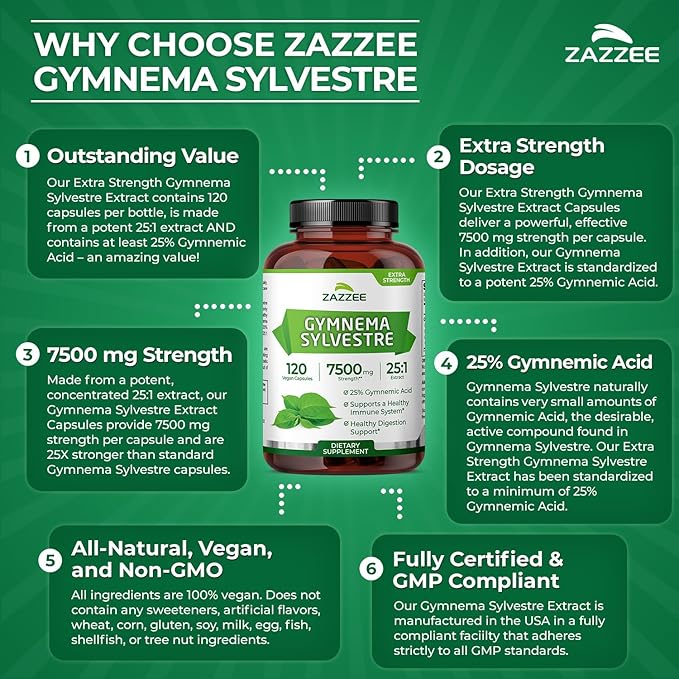 Zazzee Organic Gymnema Sylvestre 25:1 Extract, 7500 mg Strength, 25% Gymnemic Acid, 120 Vegan Capsules, 4 Month Supply, Standardized and Concentrated 25X Extract, All-Natural and Non-GMO