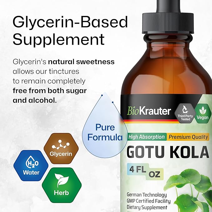 BIO KRAUTER Gotu Kola Tincture - Centella Asiatica Extract - Alcohol and Sugar Free Gotu Kola Extract - Vegan Drops 4 Fl.Oz.