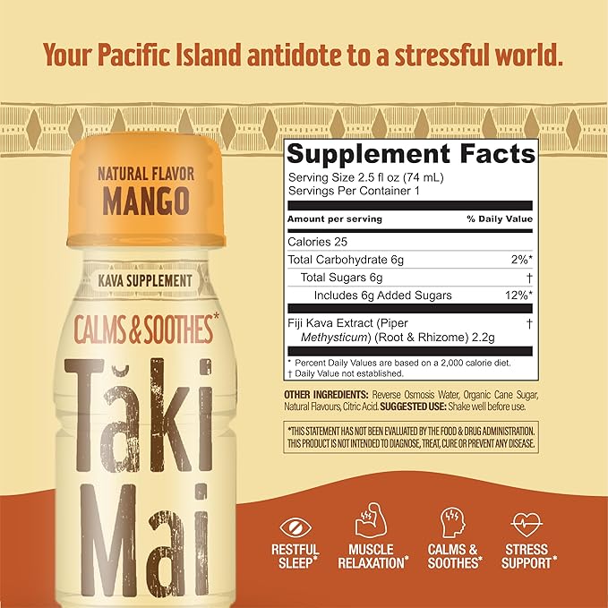 Taki Mai Mango Kava Kava 2.5 oz (24-pack) Shots – Noble Kava Root Drink, Ready to Drink for Stress Support & Relaxation, Fast Acting Herbal Support for Calming Better Sleep and Balanced Mood