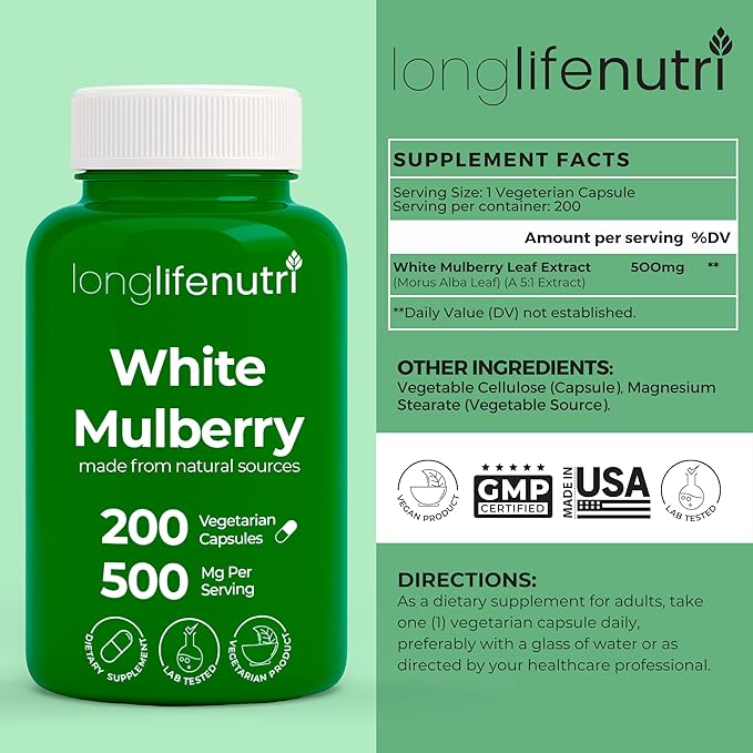White Mulberry Leaf Extract 500mg - Sourced from Morus Alba Leaf, 200 Vegetarian Capsules, Supplement for Natural Balance and Wellness, 200-Day Supply, GMP Certified, Made in USA