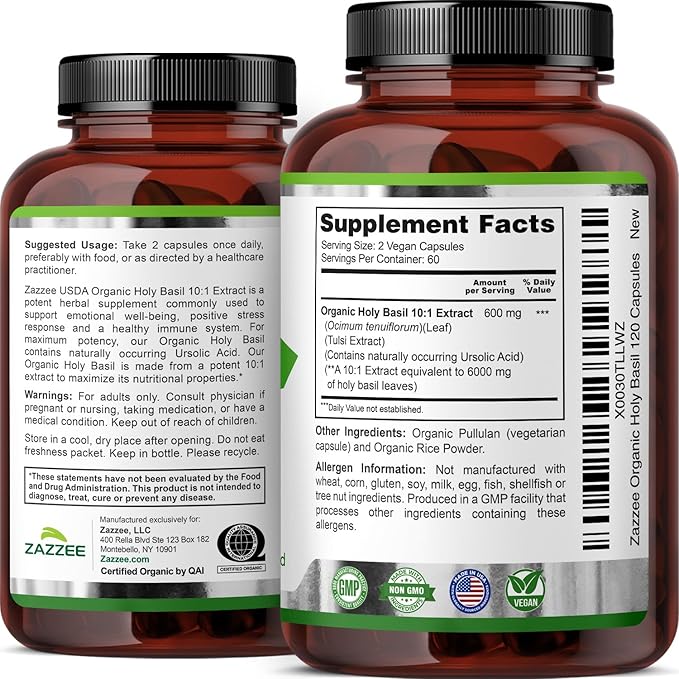 Zazzee USDA Organic Holy Basil 10:1 Extract, 6000 mg Strength, 120 Vegan Capsules, Concentrated and Standardized 10X Tulsi Extract, Ursolic Acid, 100% Certified Organic, Non-GMO
