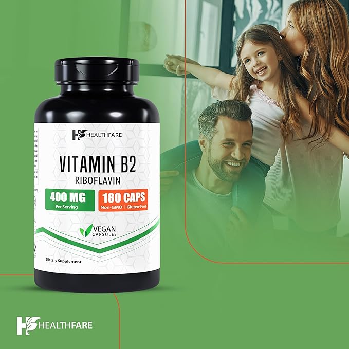 Vitamin B2 Riboflavin 400 mg | Pack of 2 | 180 Veg Capsules Each | Supplement | Gluten-Free | Non-GMO