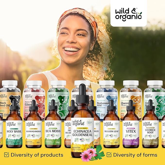 Wild & Organic Echinacea Goldenseal Liquid Drops - Immune Support Supplement w/Goldenseal Echinacea Root Extract - Vegan, Sugar & Alcohol-Free Tincture - 2 fl oz