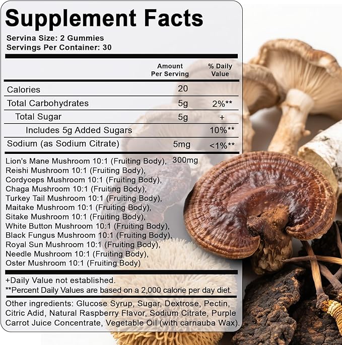 Super Mushroom Daily Gummies - Chaga, Lions Mane, Reishi, Cordyceps Mushroom Supplement Gummy - 60 Gummies (1)