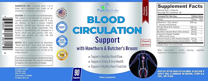 Blood Circulation Supplement - with Hawthorn, Butchers Broom, Horse Chestnut, Arginine, Diosmin, Varicose Veins Treatment, Circulation Support - 90 Capsules