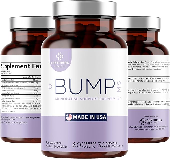 Bump MS, Complete Herbal Menopause Supplement for Women, 19 Powerful Ingredients with Dong Quai, Black Cohosh, Folinic Acid, Methylfolate, Wild Yam, Choline and DHA, 60 Caps