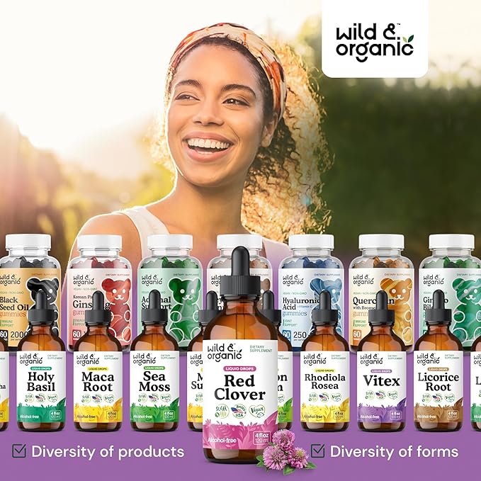 Wild & Organic Red Clover Tincture 600 mg - Liquid Red Clover Supplements for Women - 2-Month Supply - Trifolium Pratense Herb - Vegan, Sugar & Alcohol-Free Extract Drops - 4 fl oz