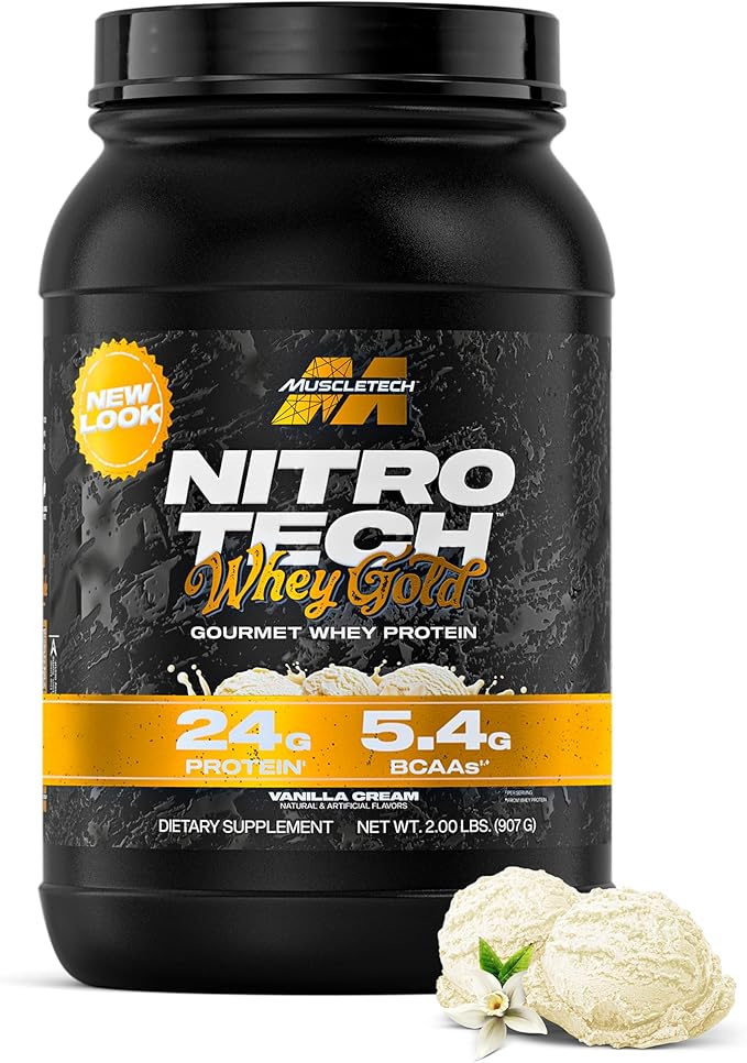 Muscletech Whey Protein Powder (French Vanilla Cream, 2LB) - Nitro-Tech Whey Protein Isolate Smoothie Mix for Lean Muscle & Recovery - 24g of Whey Gold Protein for Women & Men - Packaging May Vary