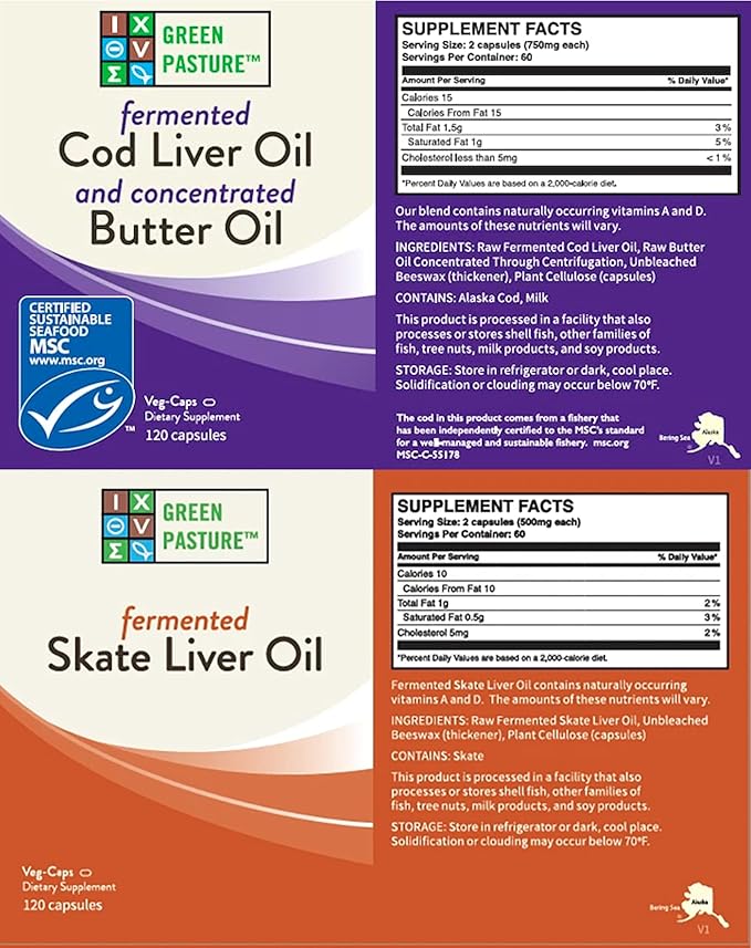 Green Pasture Bundle 120 Capsules Per Bottle - Fermented Cod Liver Oil with Butter Oil and Fermented Skate Liver Oil - With Vitamin A and D, EPA, DHA, Omega Fatty Acids - Non-Gelatin Fish Oil Capsules
