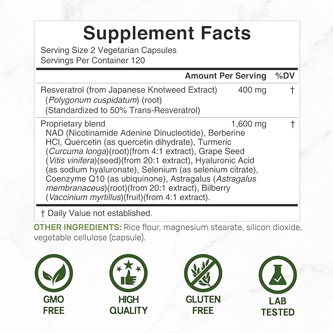 Resveratrol Complex 2,000mg, 240 Veggie Capsules – Extra Strength Trans-Resveratrol with NAD, Quercetin, Curcumin, Grape Seed & More – Healthy Aging Antioxidant for Energy & Brain Support