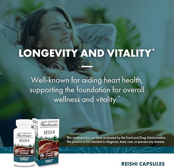 Host Defense Reishi Capsules - Heart & Immune Health Support Supplement - Mushroom Supplement to Support Energy & Vitality - Reishi Supplement to Aid Overall Well-Being - 60 Capsules (30 Servings)*