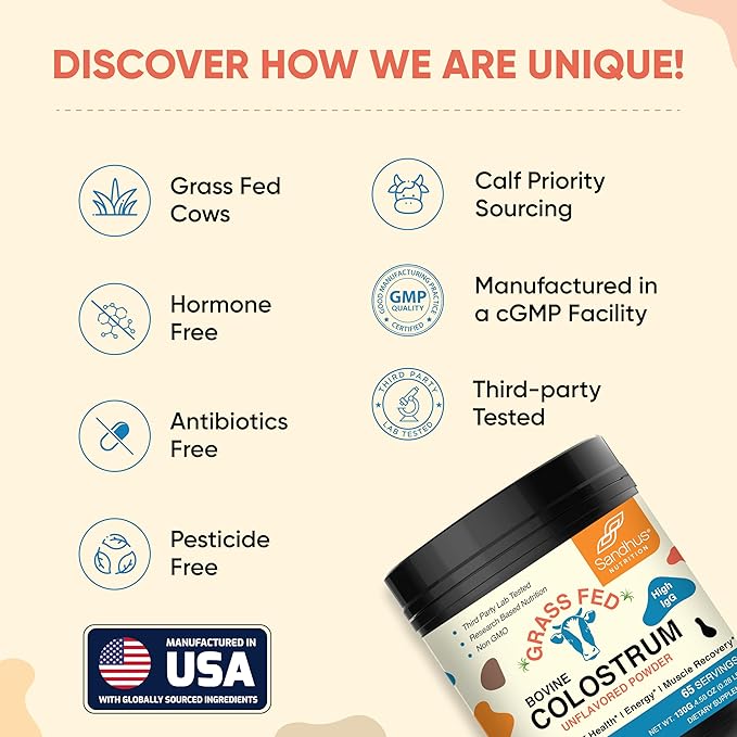 Sandhu's Grass Fed Bovine Colostrum Powder for Humans, Adults | 65 Servings (Pack of 2) Cows Supplement | High IgG for Gut Health | Immunity & Muscle Recovery Support | Unflavored | for Men & Women