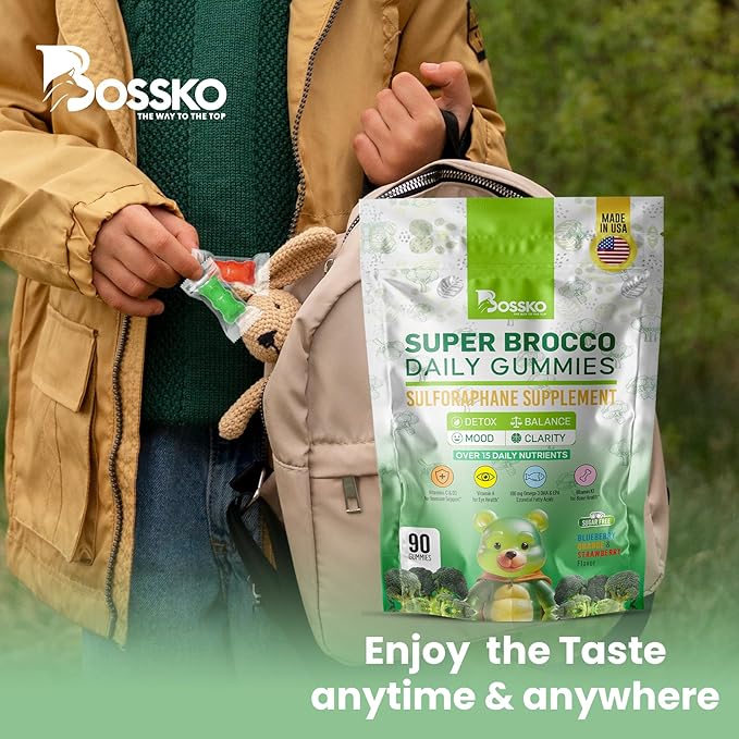 Bossko Sulforaphane Gummies with Omega-3 β Broccoli Sprout Extract, EPA/DHA & Antioxidants β Cellular Health & Mood Support β 90 Vegan Gummies β Mixed Berry Flavors β Sugar-Free