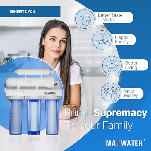 Max Water 5 Stage 100 GPD (Gallon Per Day) RO (Reverse Osmosis) Standard Water Filtration System - Under-Sink/Wall Mount (Clear, with Tank & Faucet-B) - Model: RO-5C6