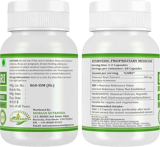 Morsan Nutraveda’s Shatavari (Asparagus Racemosus) Capsule | 10:1 Highest Potency Extract | 100% Natural Product | Combo Pack of 2 x 60 x 500 mg. Veg. Capsules