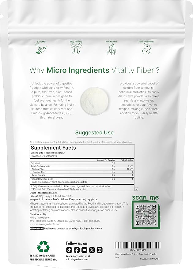 Micro Ingredients Vitality Fiber Powder, 1lb | Natural Prebiotic to Support Digestive & Gut Health | Soluble, Easily Digestible | Unflavored, Vegan