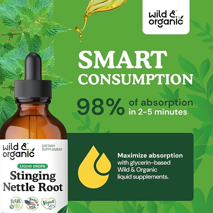 Wild & Organic Stinging Nettle Tincture - Stinging Nettle Root Extract Drops for Men & Women - Liquid Urtica Dioica Supplement - Vegan, Sugar & Alcohol-Free - 4 fl oz