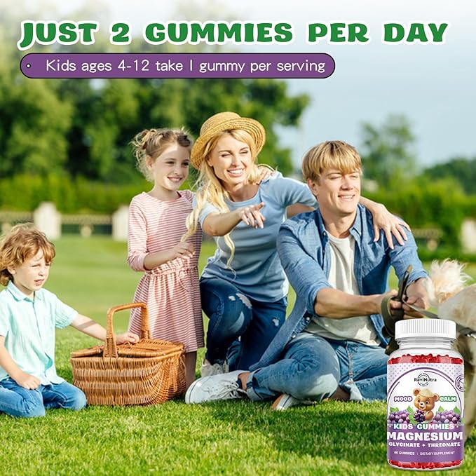 Magnesium Complex Gummies for Kids & Adults- Magnesium Glycinate Supplement- Support Calm Stress Relief, Bones, Mood Vegan- Sugar-Free Grape Flavor, 60 Gummies