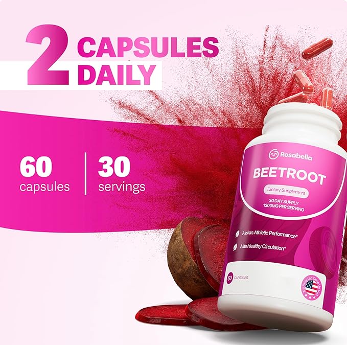 Rosabella Organic Beet Root Capsules - 1300mg Beet Root Powder Aids Healthy Circulation & Vitality, Non-GMO, Beet Root Supplement - 180 Capsules, 90-Day Supply