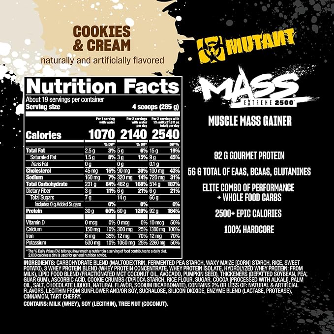 Mutant Mass Extreme Gainer – Whey Protein Powder – Build Muscle Size and Strength – High Density Clean Calories (Cookies and Cream, 12 lbs)