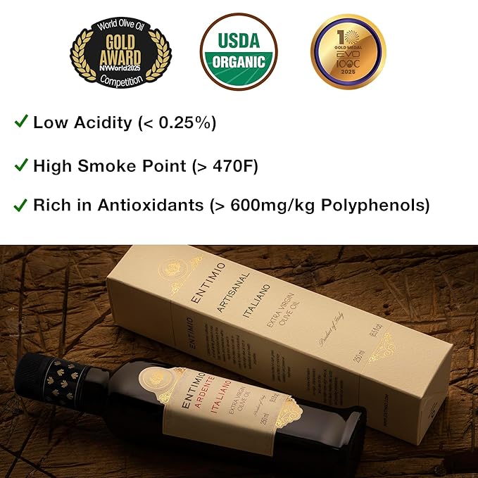 Entimio Ardente +600 mg/kg Polyphenol Rich Organic Extra Virgin Olive Oil, New 2024-2025 Early Harvest Italian Olive Oil from Sicily, Italy, 2025 Gold Winner, Cold Extracted, Lab Tested - 8.5 fl oz