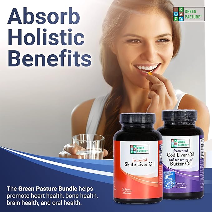 Green Pasture Bundle 120 Capsules Per Bottle - Fermented Cod Liver Oil with Butter Oil and Fermented Skate Liver Oil - With Vitamin A and D, EPA, DHA, Omega Fatty Acids - Non-Gelatin Fish Oil Capsules