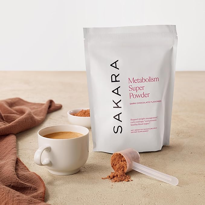 SAKARA Metabolism Super Powder - Natural Metabolism Booster for Gut Health, Bloating, Digestive Enzymes Supplements for Women, Appetite Control - Vegan, Non-GMO, Dark Chocolate Flavor - 24 Servings